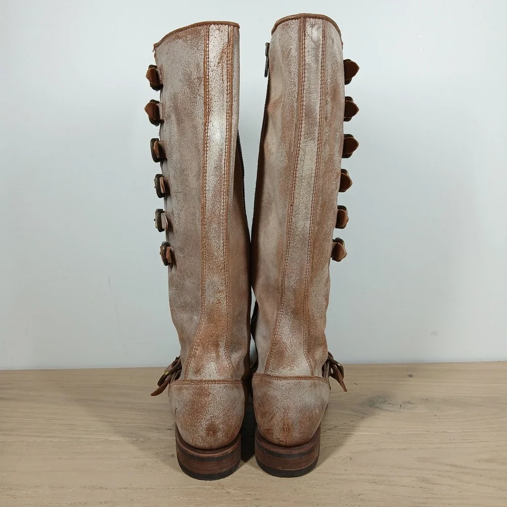 Frye Boots Women 8.5 Beige Leather Knee High Harness Buckle Moto Boho Western